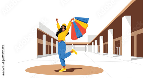 Stylish woman celebrating successful shopping trip with vibrant bags at modern outdoor mall, capturing the joy of retail therapy and consumerism