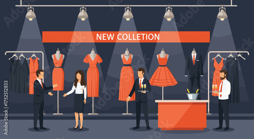 Exclusive new fashion collection launch with elegant dresses and suits for modern professionals and stylish customers ready to celebrate with champagne