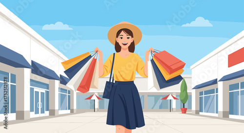 Cheerful woman enjoying a vibrant shopping spree at the outdoor mall with colorful bags, perfect for ads about retail therapy or summer promotions
