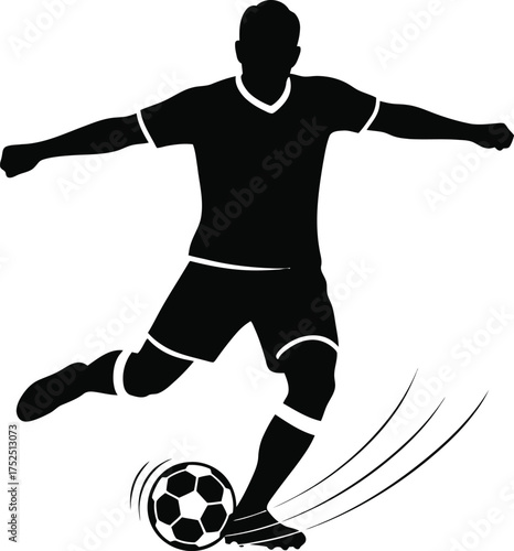 Silhouette of a soccer player kicking a ball with motion lines