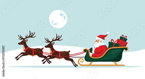 Delightful Santa Claus rides reindeer sleigh with holiday gifts under the moonlight on a snowy Christmas Eve, spreading festive cheer and winter joy