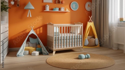 A little kid's room with soft colored wallpaper and a wooden bed.