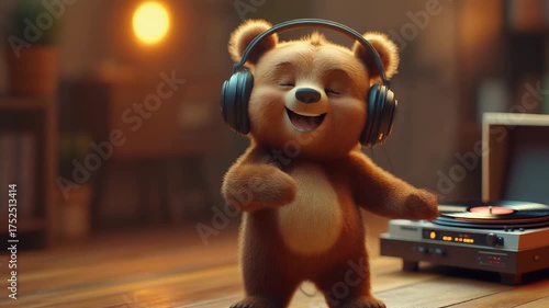 A cute bear is dancing while listening to a song with a headset on.