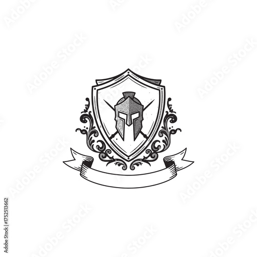 Emblem featuring a Spartan helmet inside shield with floral ornamentation.