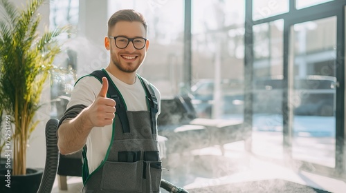man with cleaning equipment giving thumbs up. Smiling Professional Cleaner Wearing Uniform Giving Thumbs Up While Using Industrial Steam Cleaning Equipment in Bright Modern Building Interior.