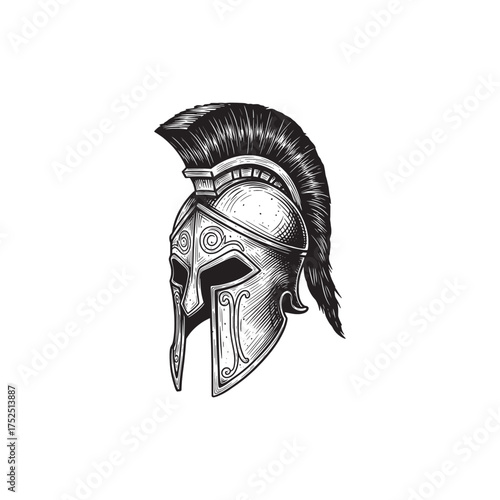 Detailed black and white sketch of a Greek warrior helmet