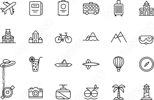 Collection of black outline travel and vacation icons on white background airplane passport