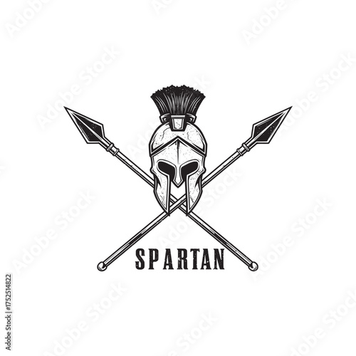 Stylized Spartan Helmet with Crossed Spears Design Illustration for Print