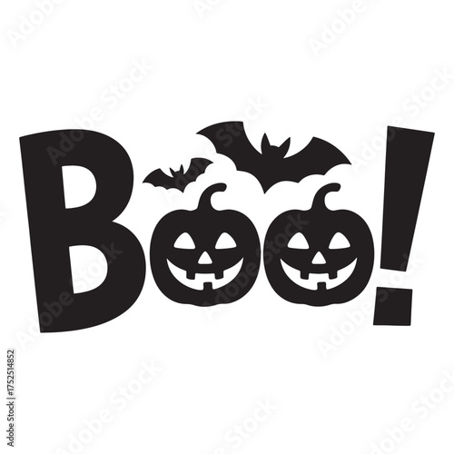 Whimsical Halloween Illustration Featuring "Boo!" Text with Pumpkins and Bats, Set Against a Clean White Canvas, Perfect for Spooky Decorations