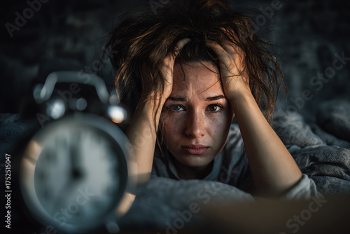 Agonizing Insomnia, Desperate Woman's Stare Beside a Blurred Alarm Clock at Night.