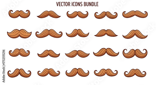 Collection of brown cartoon mustaches on a white background.
