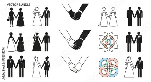 Diverse wedding couples and symbols in black and white vector icons.