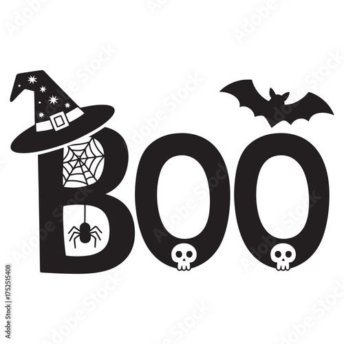 Spooky Season Graphic BOO Design Featuring Witch Hat Spiderweb Bat Skulls Festive and Playful