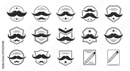 A collection of black and white mustache icons and pencil icons within various badge shapes, suitable for vintage or creative branding.