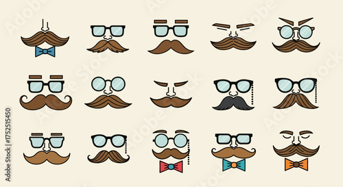 Collection of cartoon mustaches with glasses and bow ties.