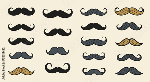 Collection of various mustache designs in black, gray, and brown on a beige background.