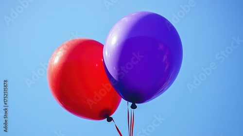 Purple and red balloons floating in the sky, close - up highlights colors, great for festive events
