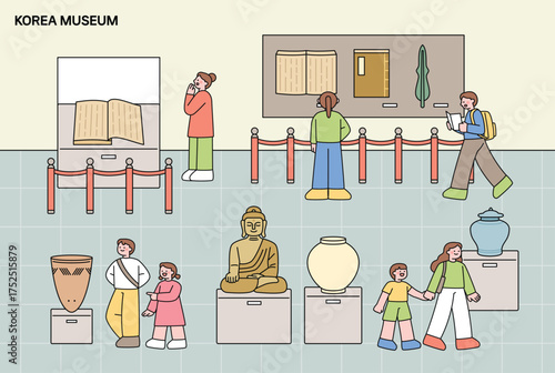 People visiting a Korean museum viewing traditional artifacts such as Buddha statue, pottery, celadon, and ancient books.
