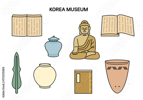 Korean museum collection with traditional artifacts such as Buddha statue, pottery, celadon, ancient books, and relics.