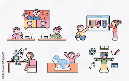 Children learning through digital education, online classes, robots, AR, and VR technology in a fun and creative environment.

