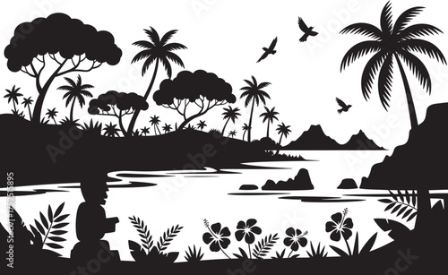 Tropical island landscape silhouette with lush trees palm trees mountains and ancient tiki statue