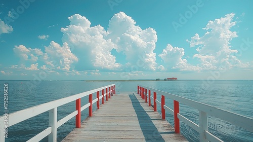 Wooden pier with white and red railings leading to the sea, blue sky and clouds, old bathhouse in distance
