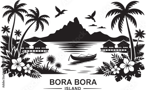 Bora Bora Island tropical vector landscape water bungalows palm trees mountains birds boat