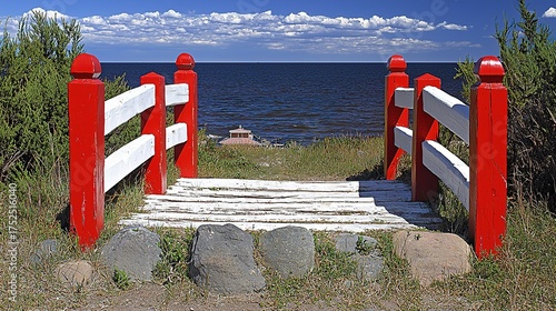 Wooden pier with white and red railings leading to the sea, blue sky and clouds, old bathhouse in distance
