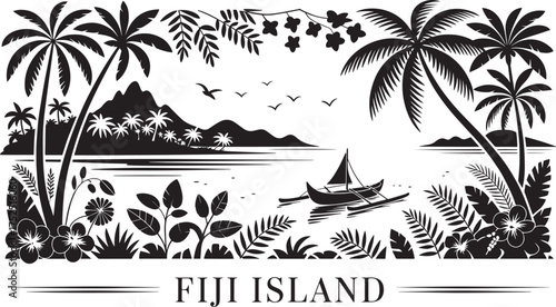 Fiji Island Mountain Ocean Sailboat Palm Trees Lush Tropical Plants Silhouettes