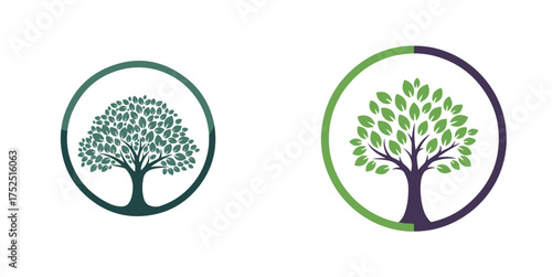 Stylized Trees Within Circular Frames, Green and Purple Tones