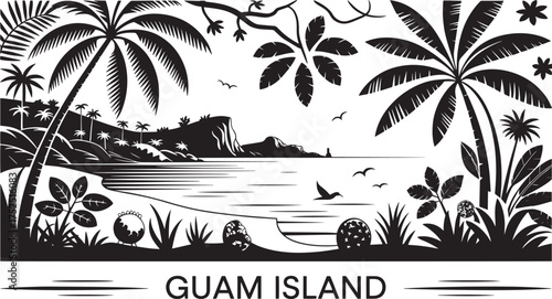 Guam Island tropical beach landscape silhouette design with palm trees ocean plants birds