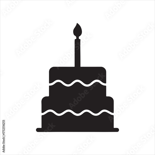 Birthday cake icon vector illustration for celebration special events and holiday themes with candle flame and simple design silhouette