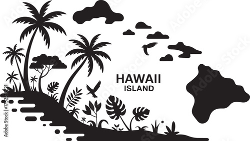 Hawaii island map with tropical landscape black silhouette palm trees birds and clouds