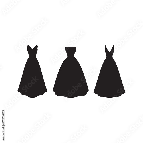 Elegant dresses silhouettes in black on white background ideal for wedding fashion and design projects showcasing bridal wear and special occasion attire