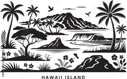 Hawaii island black silhouettes of tropical nature elements mountain palm trees flowers waterfall birds vector set