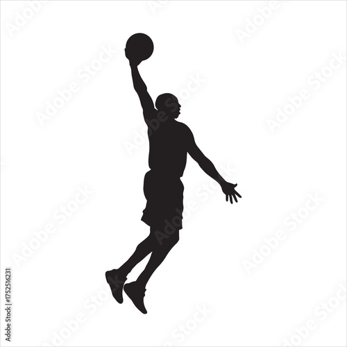 Silhouette of a basketball player leaping in the air for a slam dunk action shot sports illustration graphic element for designs and concepts