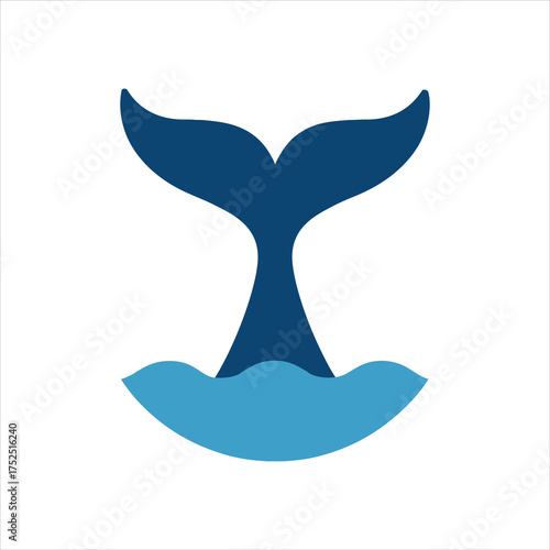 Whale tail diving into ocean waters with minimalistic style and vibrant color palette featuring deep blue and light blue vector illustration on white background