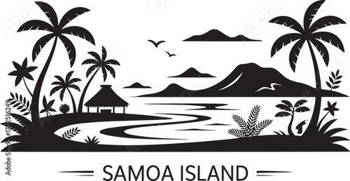 Samoa Island tropical beach landscape silhouette with palm trees hut mountains birds ocean