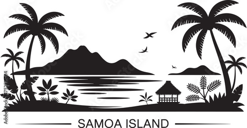 Samoa Island beach landscape silhouette vector illustration with palm trees and ocean view