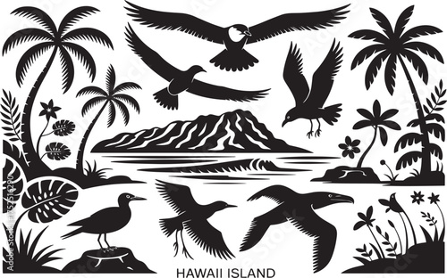 Set of isolated black silhouettes of Hawaii island nature elements tropical plants birds ocean waves volcano