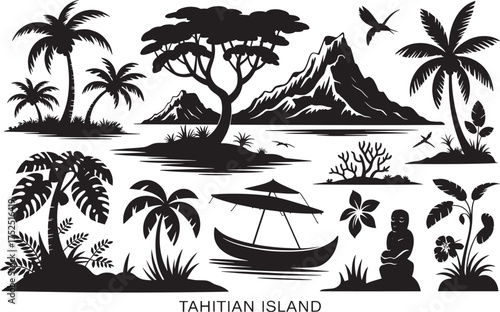 Tahitian island black silhouettes of tropical nature elements mountain palm trees flowers boat statue vector set
