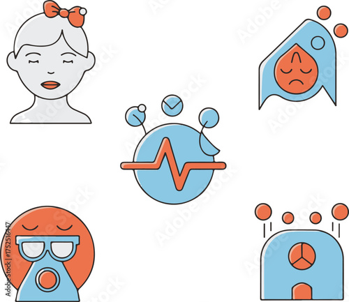 Simple Outlined Flat Design Icons with Blue, Orange, Gray Colors