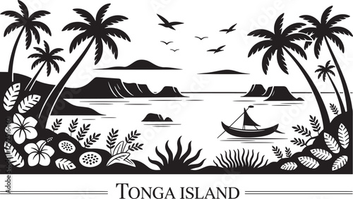 Tonga Island Ocean Vista Silhouette Vector Artwork with Palm Trees and Outrigger Canoe