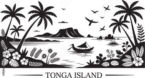 Tonga Island Tropical Landscape Silhouette Vector Ocean Scene with Palm Trees and Traditional Boat