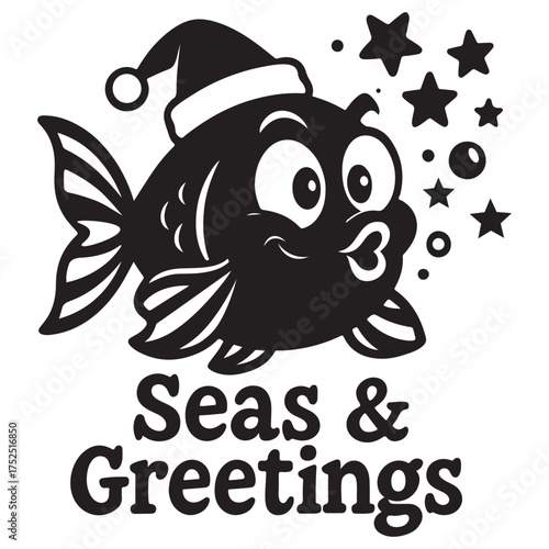 Cute festive fish wearing Santa hat with bubbles and stars, perfect for holiday humor lovers and Christmas pun fans.