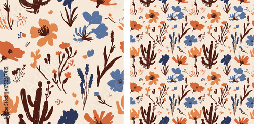 Desert Wildflowers Seamless Pattern – Southwestern Floral Vector with Cactus and Rustic Bloom Motifs