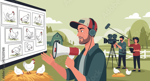 Film Crew Directing Chickens on a Farm Set, with Storyboard and Equipment