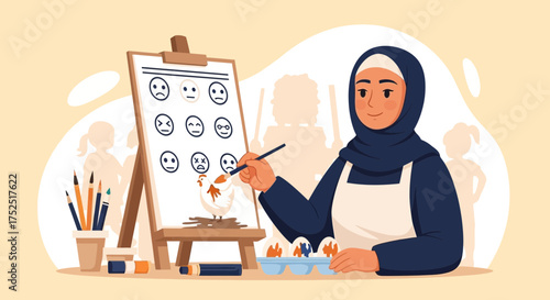 Illustrative depiction of a woman in hijab engrossed in painting emotions and drawing a chicken