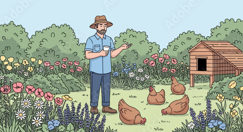 Illustrated idyllic scene of a farmer tending to chickens in a flower garden