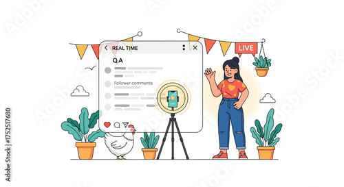 Live Q&A streaming setup featuring woman, phone, plants, and a curious chicken